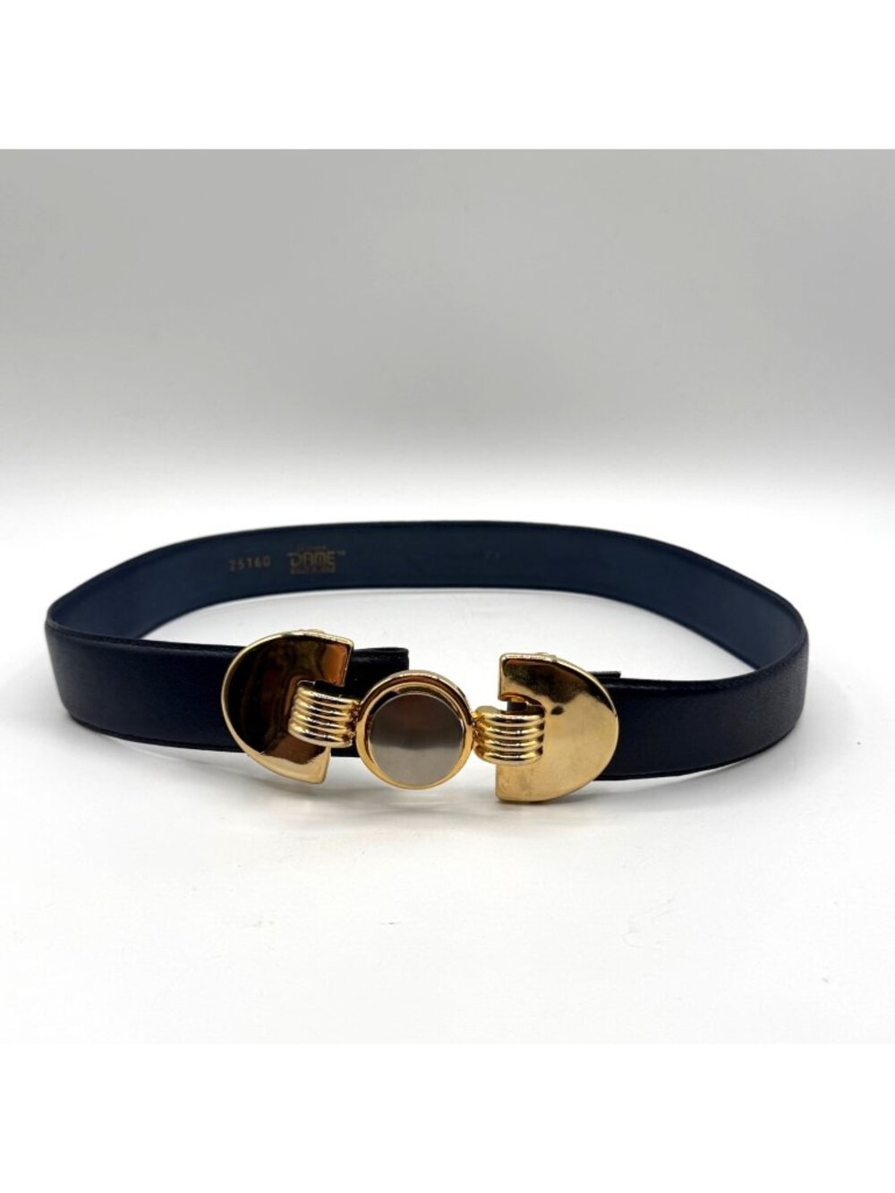 Vintage Dame Belt & Bag Navy Leather Belt Two Tone Interlocking Buckle Size S